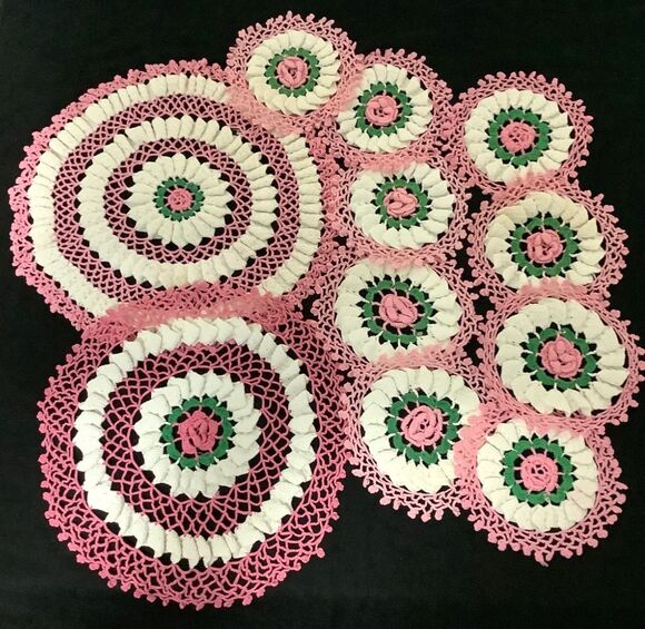 Unbranded Other - Estate Set of 11 Vintage Doilies Hand Crocheted White Ruffles Pink Roses Cottage